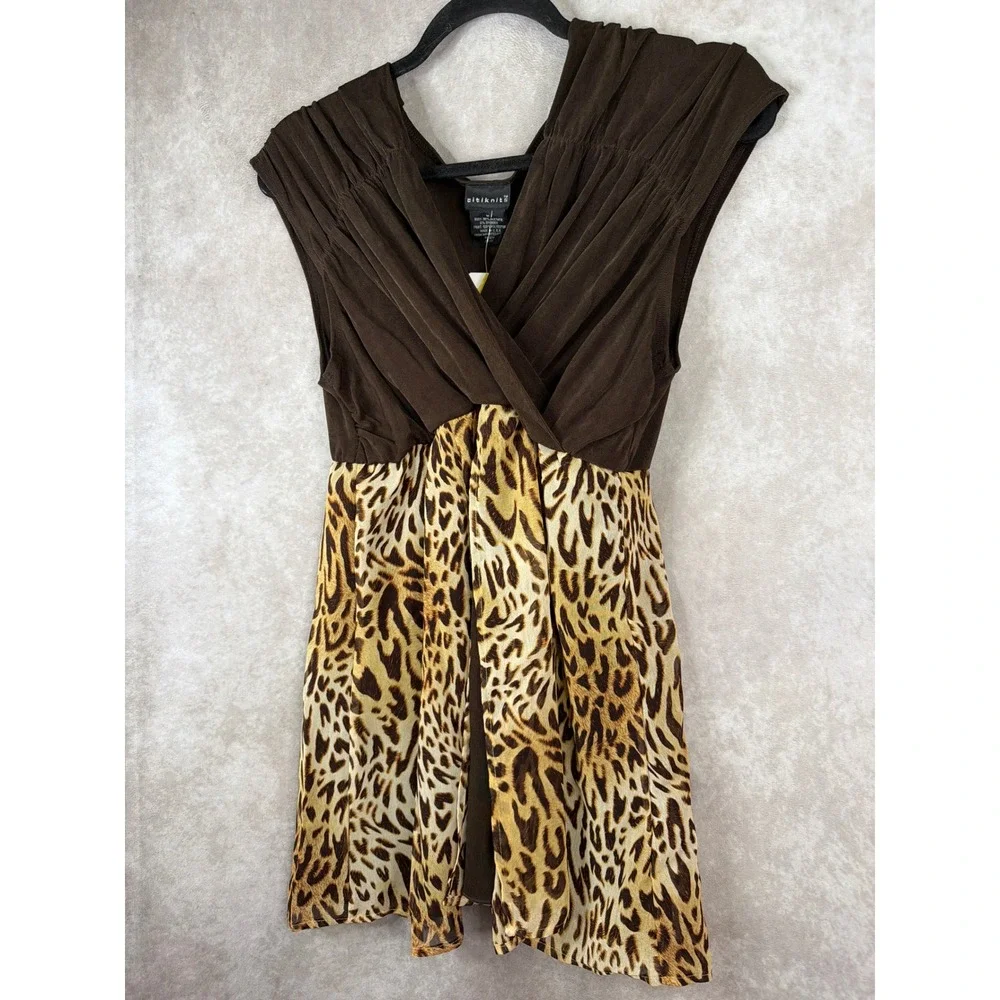 NWT Y2K Citiknits Women's Brown Leopard Print Faux Wrap Mini Dress/Tunic Size M‎